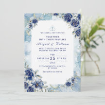 Invitación de boda floral azul romántica