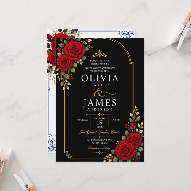 Invitación de boda floral azul | Rosa roja (Anverso/Reverso In Situ)