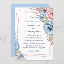 invitación de boda floral azul rústica y rosa
