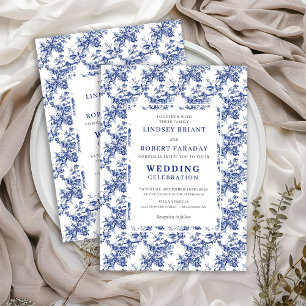 Invitación de boda floral azul Toile de Jouy franc