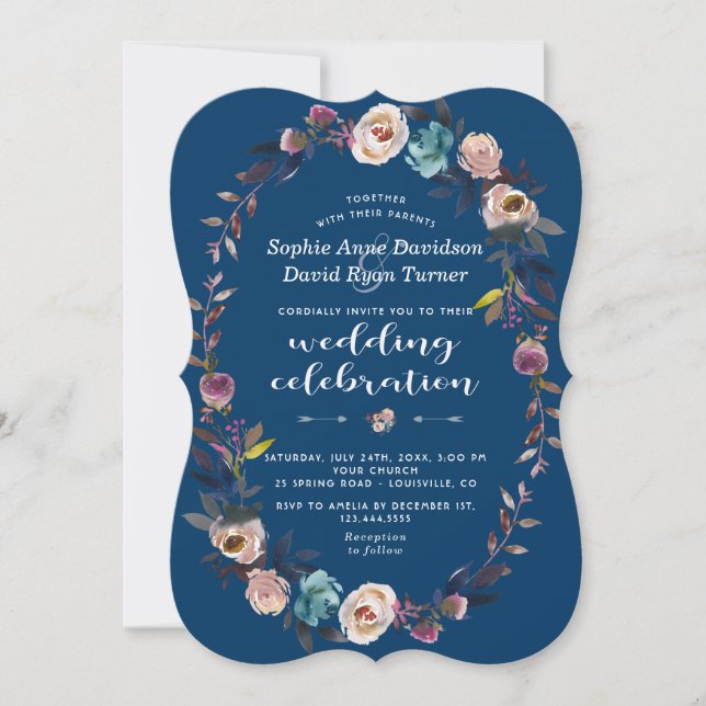 Invitación de boda | Floral azul turbia rosa (Anverso)