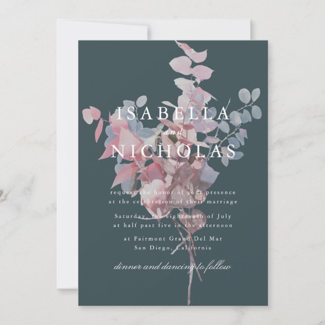 Invitación de boda floral azul turquesa profundo (Anverso)