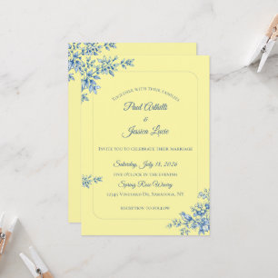 Invitación de boda floral azul y amarillo