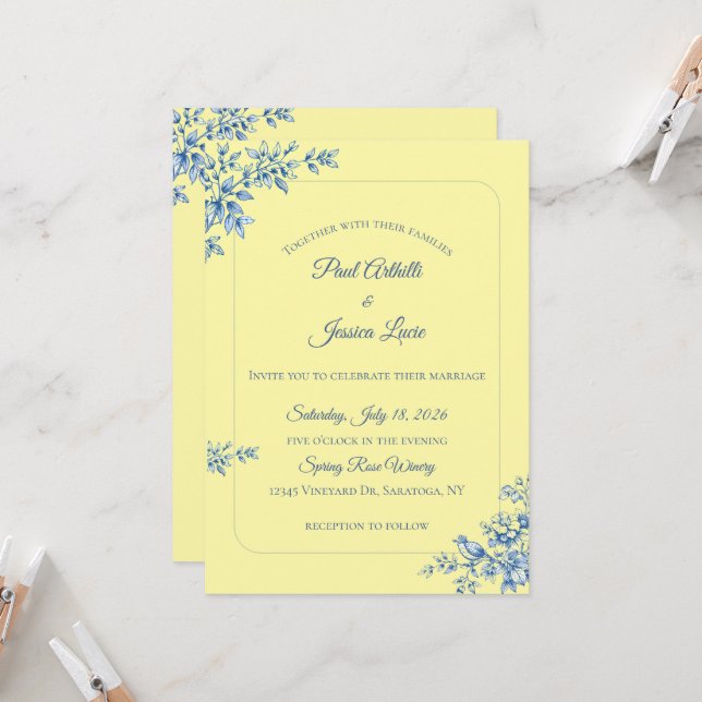 Invitación de boda floral azul y amarillo (Anverso/Reverso In Situ)