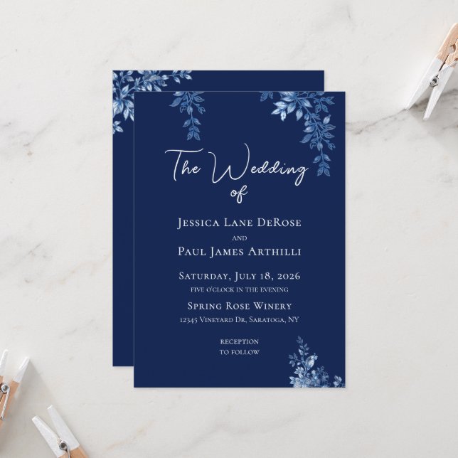 Invitación de boda floral azul y blanca (Anverso/Reverso In Situ)
