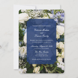invitación de boda floral azul y blanca