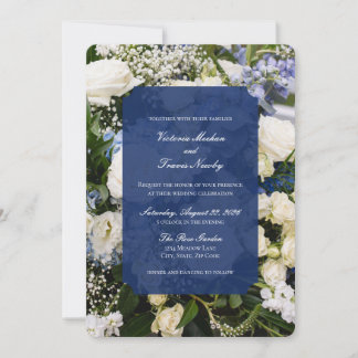 invitación de boda floral azul y blanca