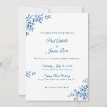 Invitación de boda floral azul y blanco