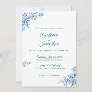Invitación de boda floral azul y blanco