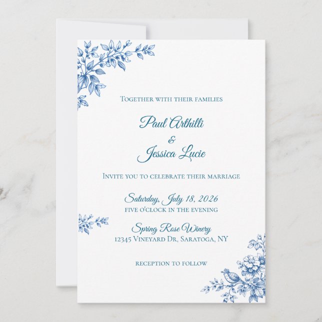 Invitación de boda floral azul y blanco (Anverso)