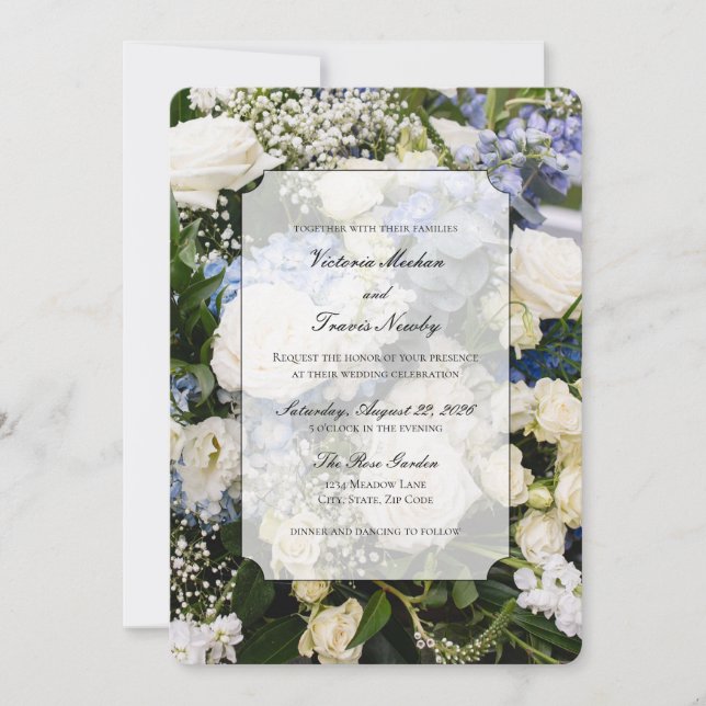 invitación de boda floral azul y blanco (Anverso)