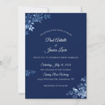 Invitación de boda floral azul y blanco