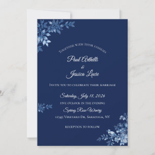Invitación de boda floral azul y blanco
