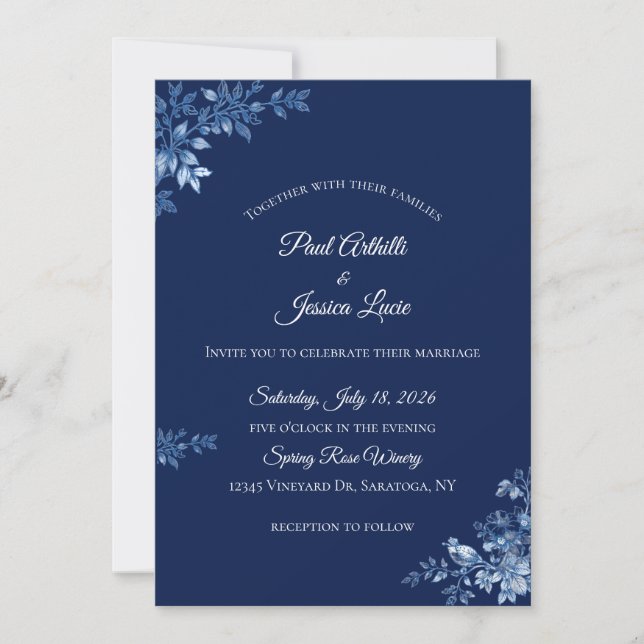 Invitación de boda floral azul y blanco (Anverso)