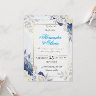 Invitación de boda floral azul y dorada