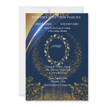 Invitación de boda floral azul y dorado elegante