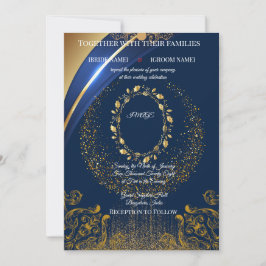 Invitación de boda floral azul y dorado elegante