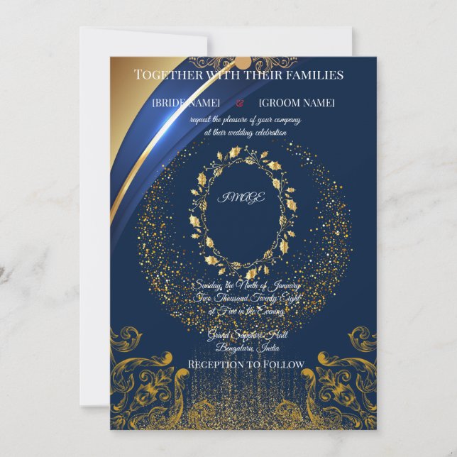 Invitación de boda floral azul y dorado elegante (Anverso)