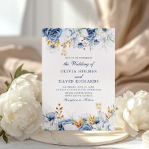 Invitación de Boda Floral Azul y Dorado Elegante