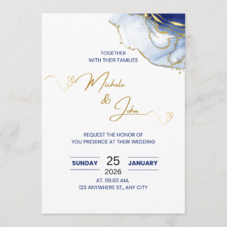 Invitación de boda floral azul y dorado elegante |