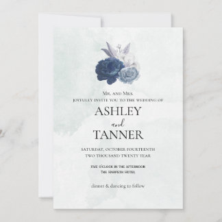 Invitación de boda floral azul y gris elegante