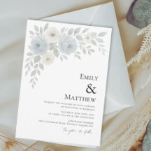 Invitación de boda floral azul y marfil