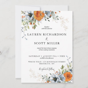 Invitación de boda floral azul y naranja