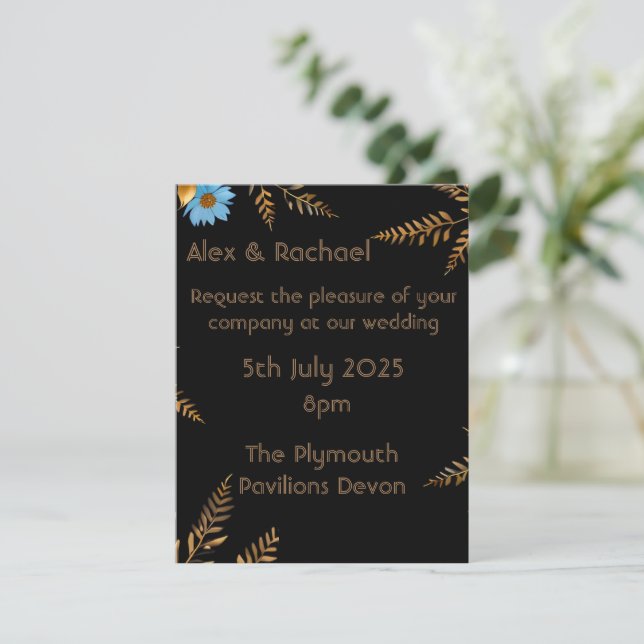 Invitación de Boda Floral Azul y Oro de Lujo (Anverso de pie)