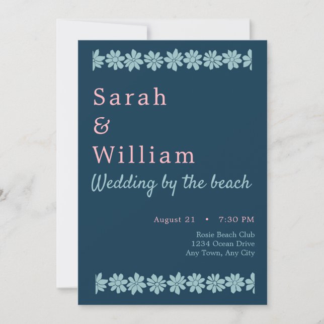 Invitación de boda floral azul y rosa (Anverso)
