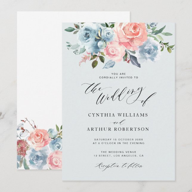 invitación de boda floral azul y rubia (Anverso / Reverso)