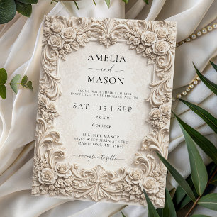 Invitación de boda floral barroca de marfil orname