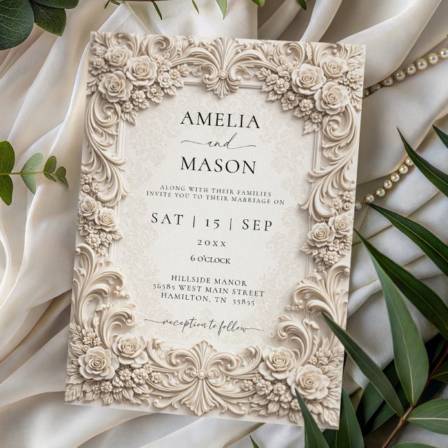 Invitación de boda floral barroca de marfil orname (Ornate Ivory Baroque Floral Wedding Invitation)