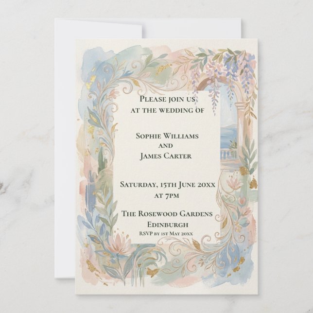 Invitación de boda floral barroca pastel (Anverso)