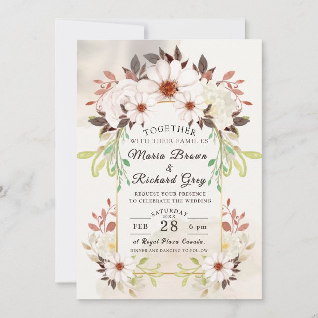 Invitación de boda floral beige (Anverso)