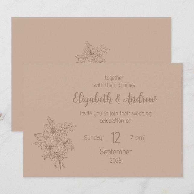 Invitación de boda floral beige elegante (Anverso / Reverso)