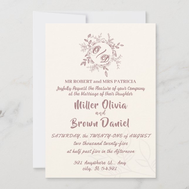 invitación de boda floral beige elegante (Anverso)