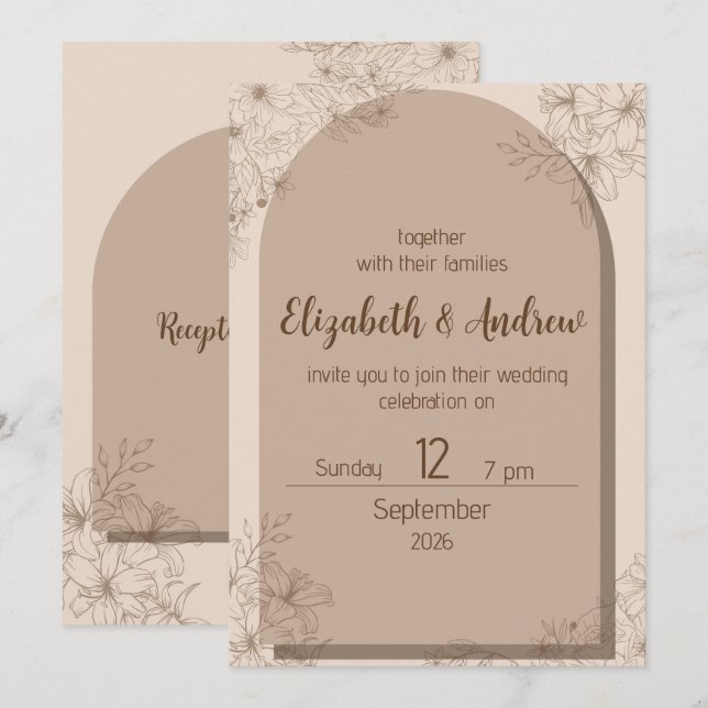Invitación de boda floral beige elegante (Anverso / Reverso)