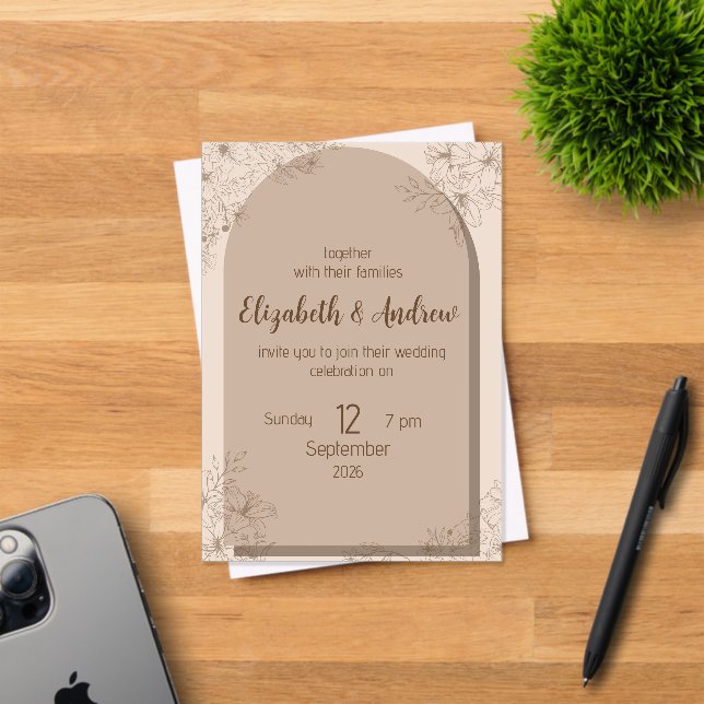 Invitación de boda floral beige elegante (Insitu (Tarjeta de Invitación))