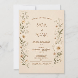 Invitación de boda floral beige elegante