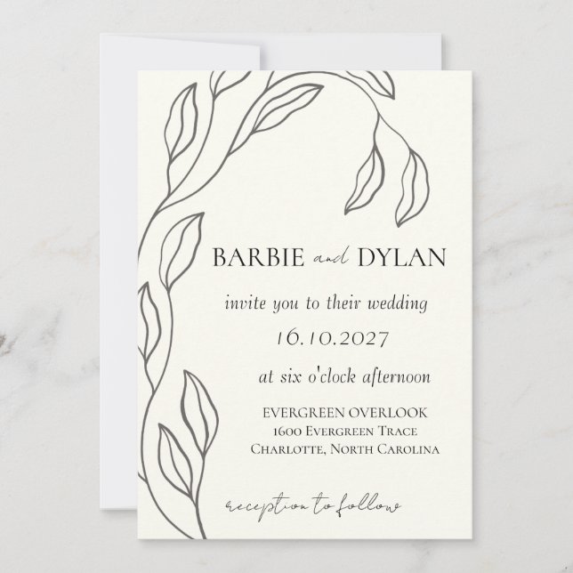 Invitación de boda floral beige elegante minimalis (Anverso)