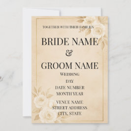 Invitación de boda floral beige y dorado minimalis