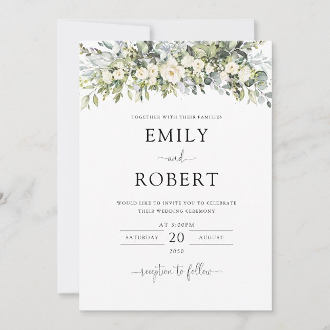 Invitación de boda floral blanca (Anverso)