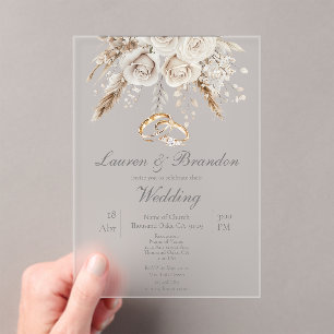 Invitación de boda floral blanca acrílica