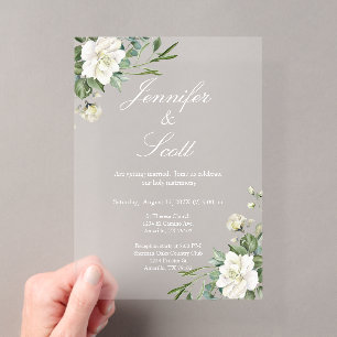 Invitación de boda floral blanca acrílica elegante