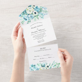 Invitación de boda floral blanca azul todo en uno