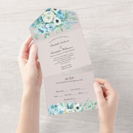 Invitación de boda floral blanca azul todo en uno