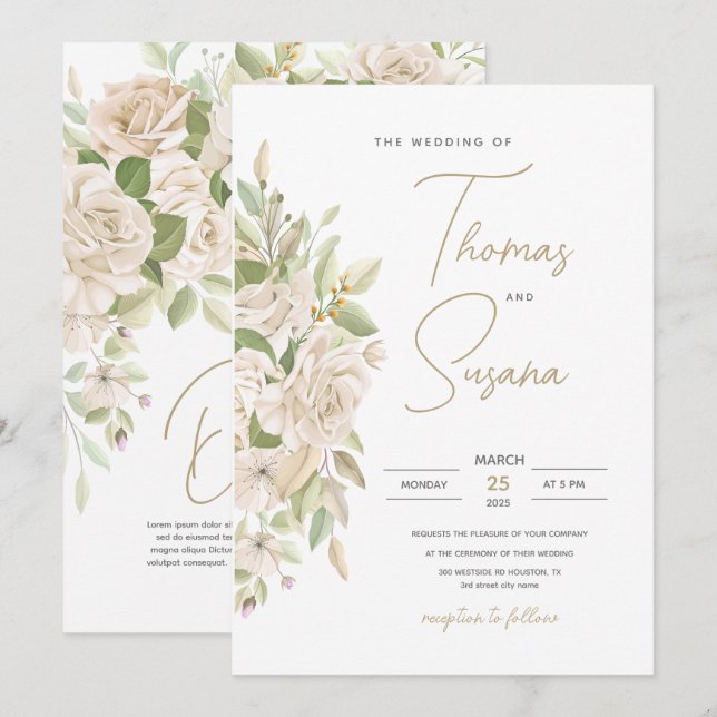 Invitación de boda floral blanca, boda de verde (Anverso / Reverso)