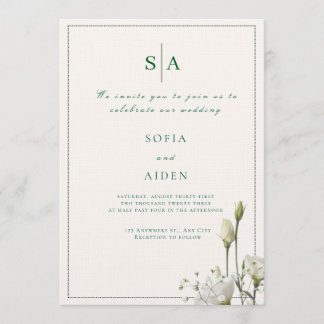 invitación de boda floral blanca clásica y con bor