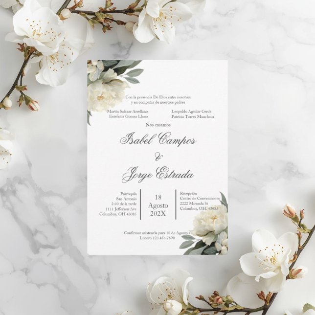 Invitación de boda floral blanca con vegetación (Subido por el creador)