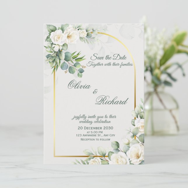 Invitación de Boda Floral Blanca Elegante (Anverso de pie)